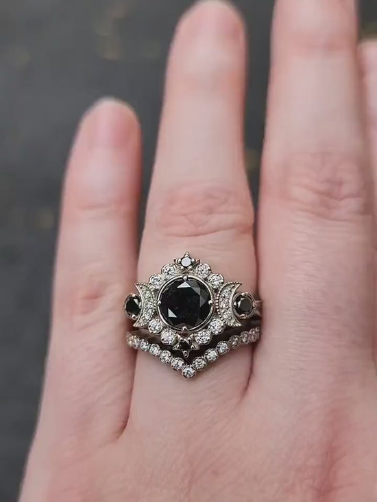 Load and play video in Gallery viewer, Ready to Ship Size 6.5 - 7.5 - Engagement Ring Set - Black &amp;amp; White Diamond Selene Gothic Moon Engagement Ring Set -14k Palladium White Gold
