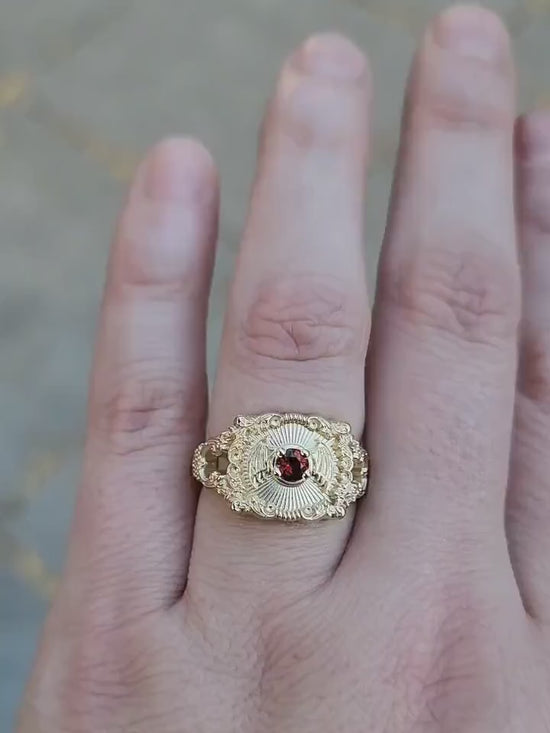 Load and play video in Gallery viewer, Baturday - Bat Signet Ring with Arizona Sunset Garnet -  Victorian Inspired Baroque Antique Styled Bat Wing Ring - 14k Yellow Gold
