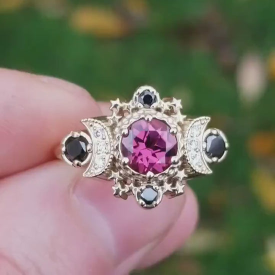 Load and play video in Gallery viewer, Rhodolite Garnet &amp;amp; Black and White Diamond Cosmos Moon Engagement Ring - Gothic Engagement Ring
