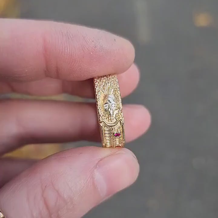 Load and play video in Gallery viewer, Skeleton Wedding Band with Diamond Eyes and Ruby Heart - 14k Yellow Gold - Memento Mori Modern Mourning Jewelry - Till Death Do Us Part
