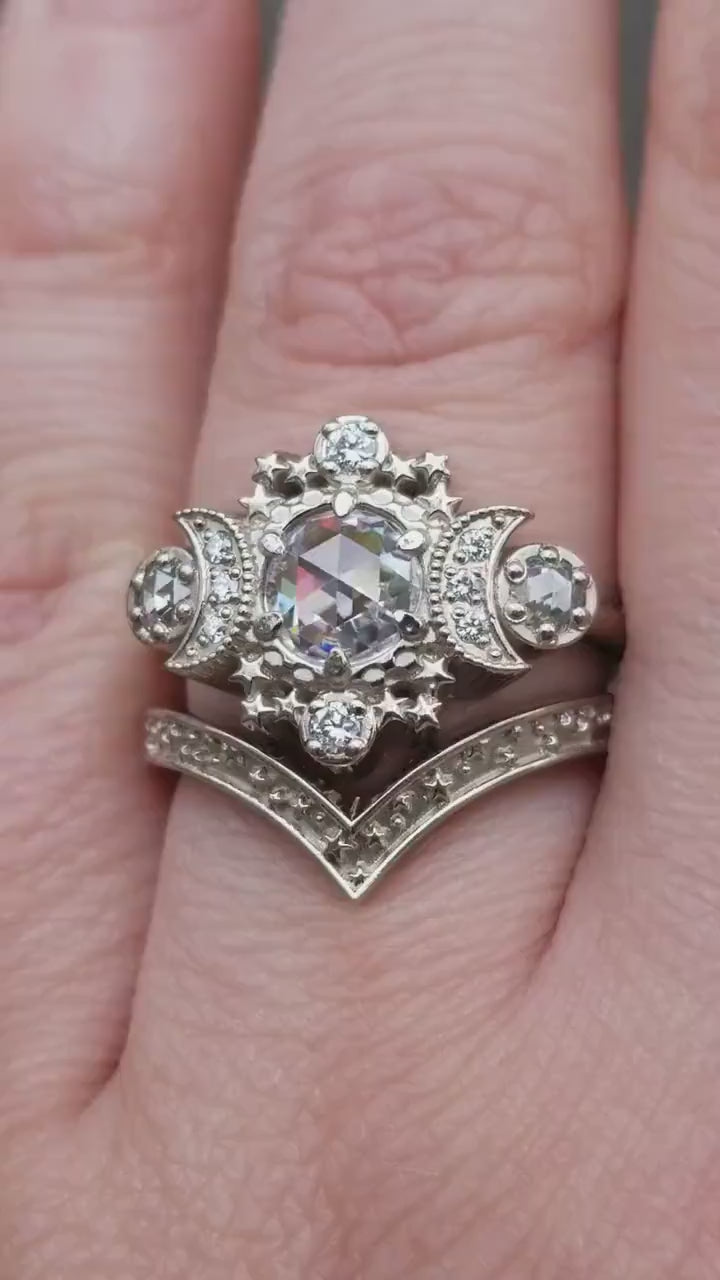 Load and play video in Gallery viewer, ALL Moissanite Cosmos Engagement Ring Set- Diamond Alternative - Ethically Sourced Celestial Moon Ring and Stardust Chevron
