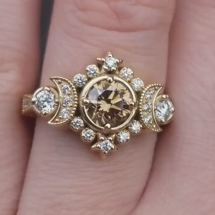Load and play video in Gallery viewer, Selene Moon Goddess Ring - Natural Champagne Diamond with White Diamonds - 14k Yellow Gold
