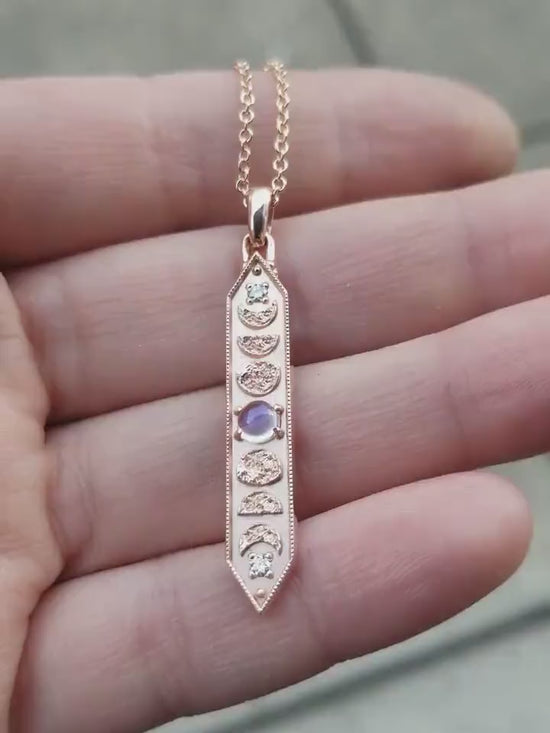 Load and play video in Gallery viewer, 14k Rose Gold and Moonstone Moon Phase Bar Pendant with Diamonds - Celestial Necklace
