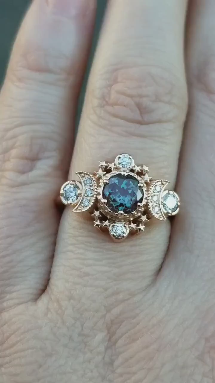 Load and play video in Gallery viewer, Chatham Alexandrite and Diamond Cosmos Moon and Star Engagement Ring - Gold Fine Jewelry
