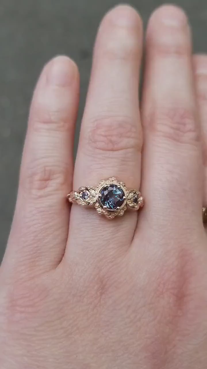 Load and play video in Gallery viewer, Chatham Alexandrite Leaf and Crescent Moon Ring - 14k Rose, Yellow or White Gold - Nature Antique Inspired Engagement Rings
