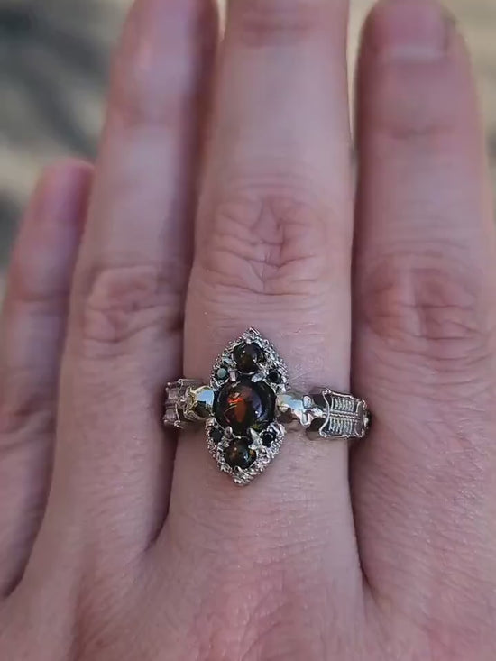 Load and play video in Gallery viewer, Black Opal Gothic Skeleton Engagement Ring with Black Diamonds - 14k Palladium White Gold - Unique Wedding Promise Ring Memento Mori Skull
