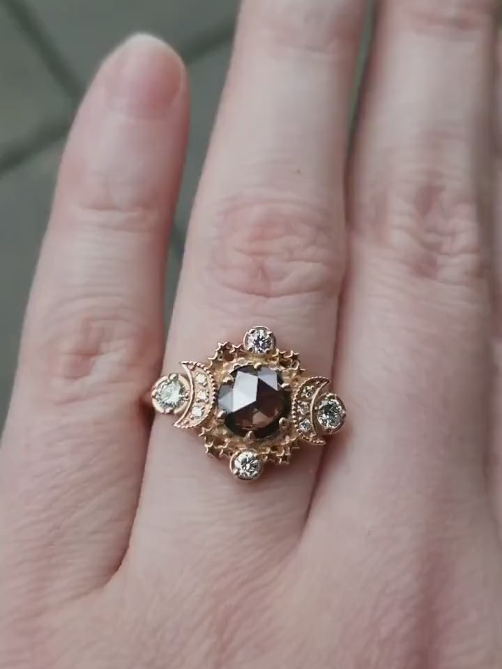 Load and play video in Gallery viewer, Ready to Ship Size 6 - 8 -  Rose Cut Champagne Diamond Cosmos Engagement Ring with White Diamonds - 14k Rose Gold - OOAK
