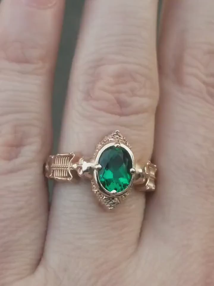 Load and play video in Gallery viewer, Gothic Emerald Skeleton Engagement Ring- 14k Rose Gold - Catacomb Collection Wedding Ring - Chatham Gems
