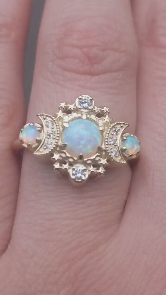Load and play video in Gallery viewer, Lab Opal Cosmos Moon Engagement Ring - Rose Gold Celestial 3 Stone Diamond Ring
