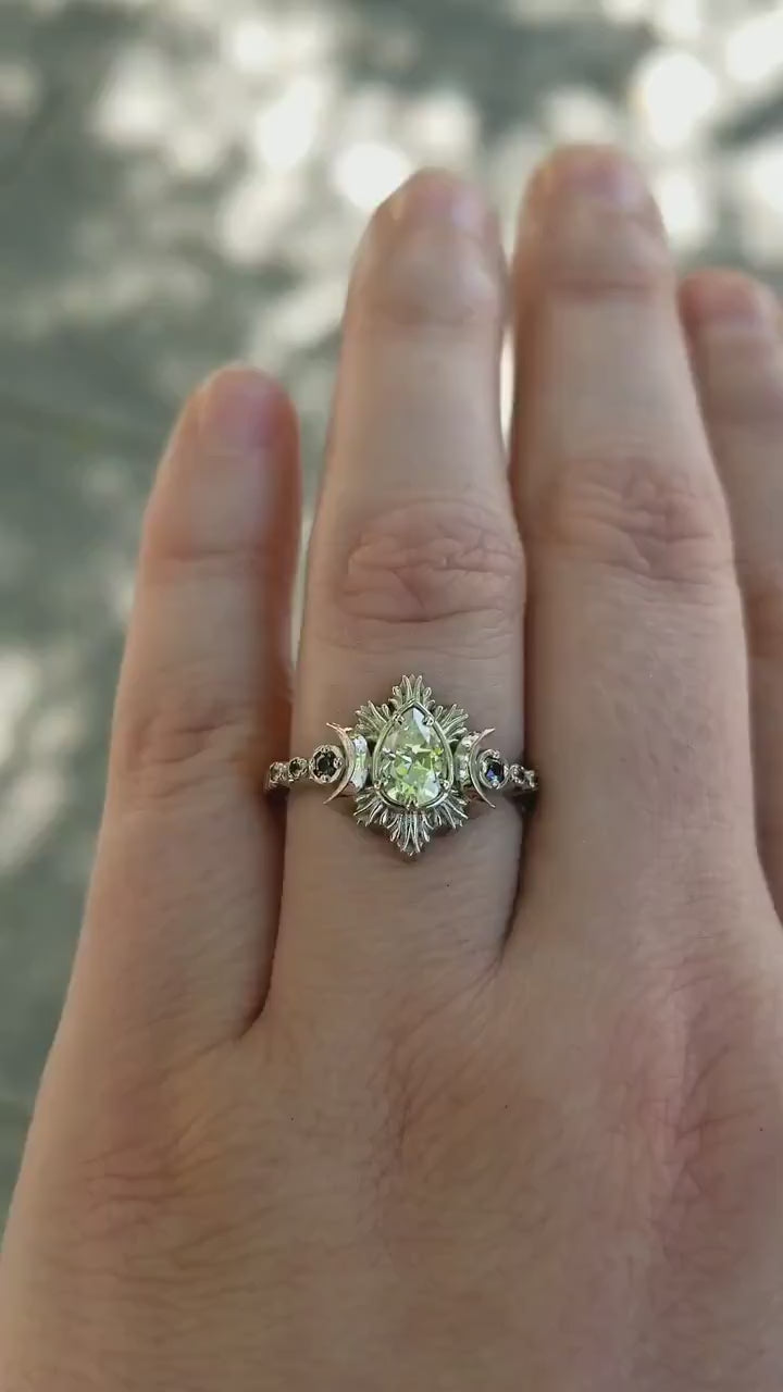 Load and play video in Gallery viewer, Pear Moissanite Moon Fire Boho Engagement Ring - Diamonds and Gold with Alexandrites Unique Celestial Wedding Ring

