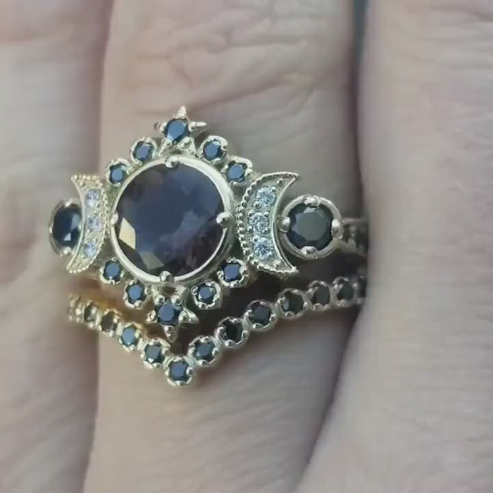 Load and play video in Gallery viewer, Ready to Ship Size 6 - 8  Gothic Selene Moon Engagement Ring Set - Oregon Sunstone with Black and White Diamonds - 14k Yellow Gold
