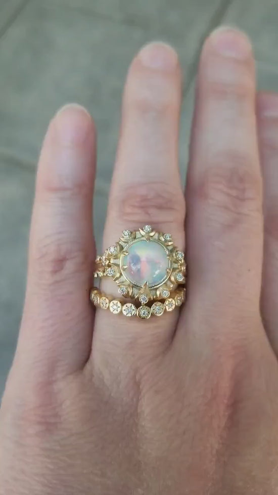 Load and play video in Gallery viewer, Opal Crystal Ball Engagement Ring Set - Victorian Inspired Giant Opal Ring with Diamonds &amp;amp; Moons - 14k Yellow Gold Sun Disk Wedding Band

