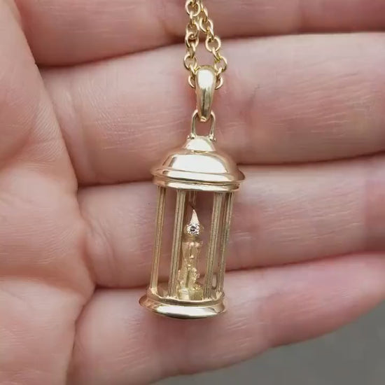 Load and play video in Gallery viewer, Hermit Lantern Necklace - 14k Yellow Gold - Candlelight - Diamond Flame
