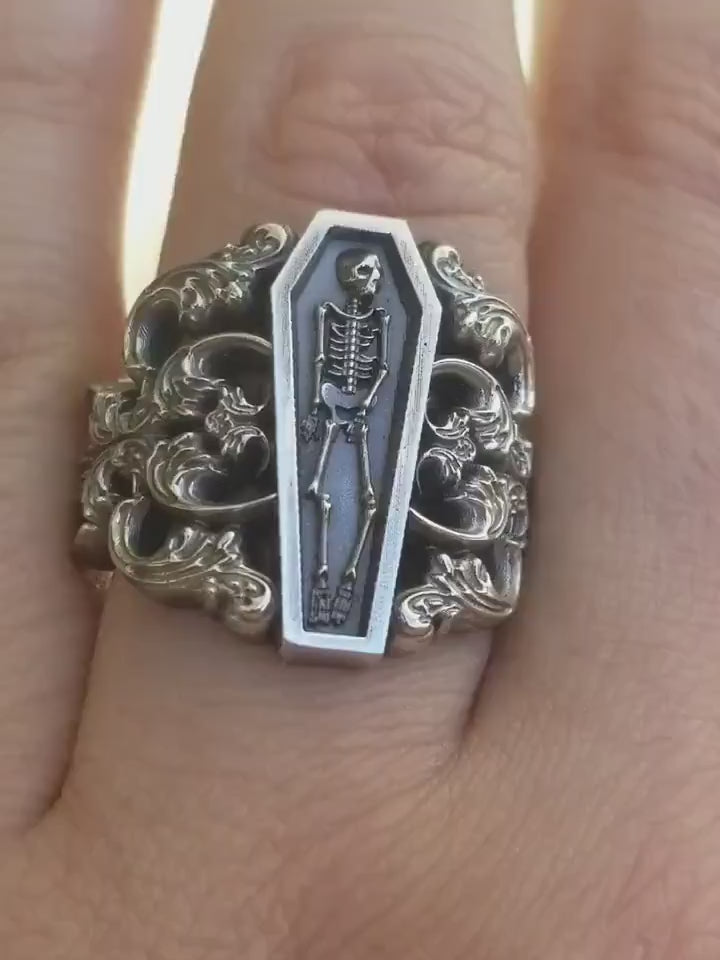 Load and play video in Gallery viewer, Memento Mori Ring with Baroque Silver Scrolls Skeleton Mourning Jewelry - Spooky Halloween Jewelry
