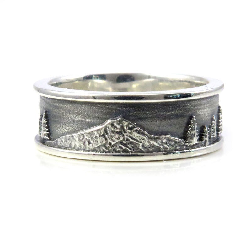 Mt. Hood Men's Sterling Silver Ring - Forest Mountain Wedding Ring