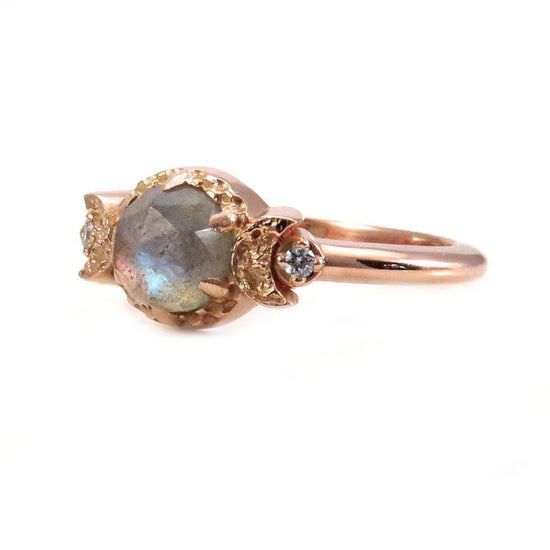 Load image into Gallery viewer, Labradorite and Diamond Moon Goddess Engagement Ring - Gothic Victorian Rose Gold Ring
