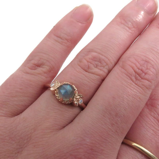 Load image into Gallery viewer, Labradorite and Diamond Moon Goddess Engagement Ring - Gothic Victorian Rose Gold Ring
