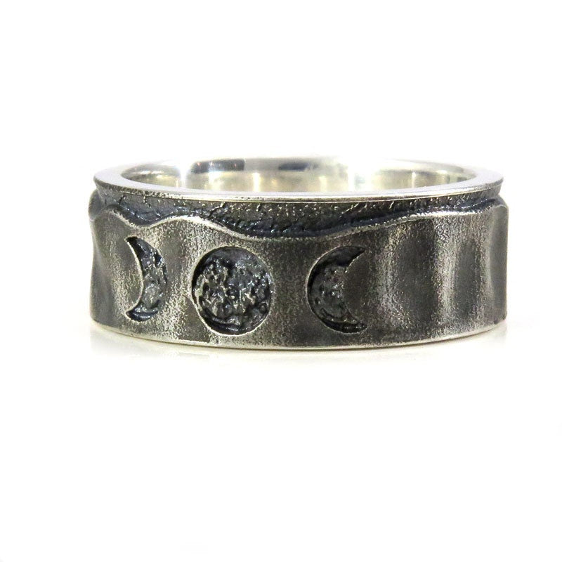 Mens Moon Phase Wedding Band - Oxidized and Sandblasted Sterling Silver