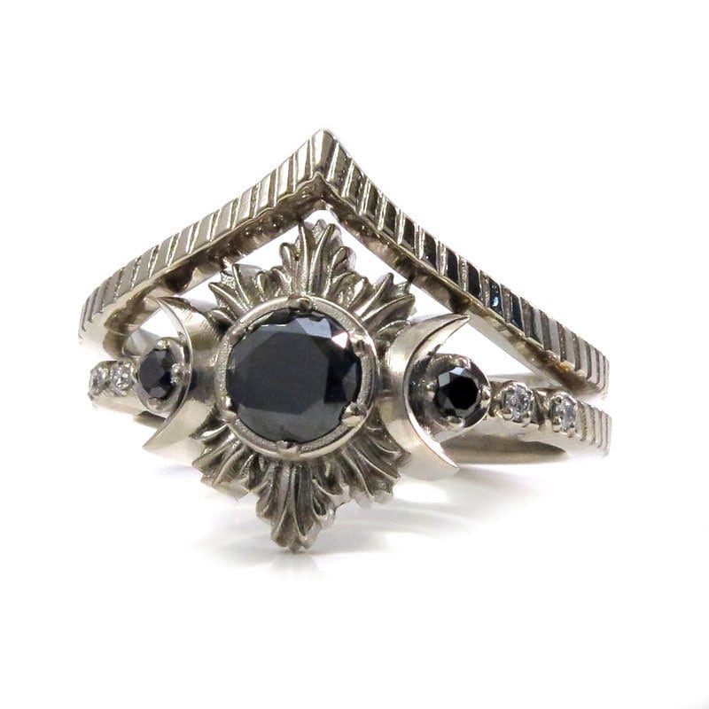 New Moon Gothic Black Diamond Engagement Ring Set - Black Diamonds with Chevron Wedding Band