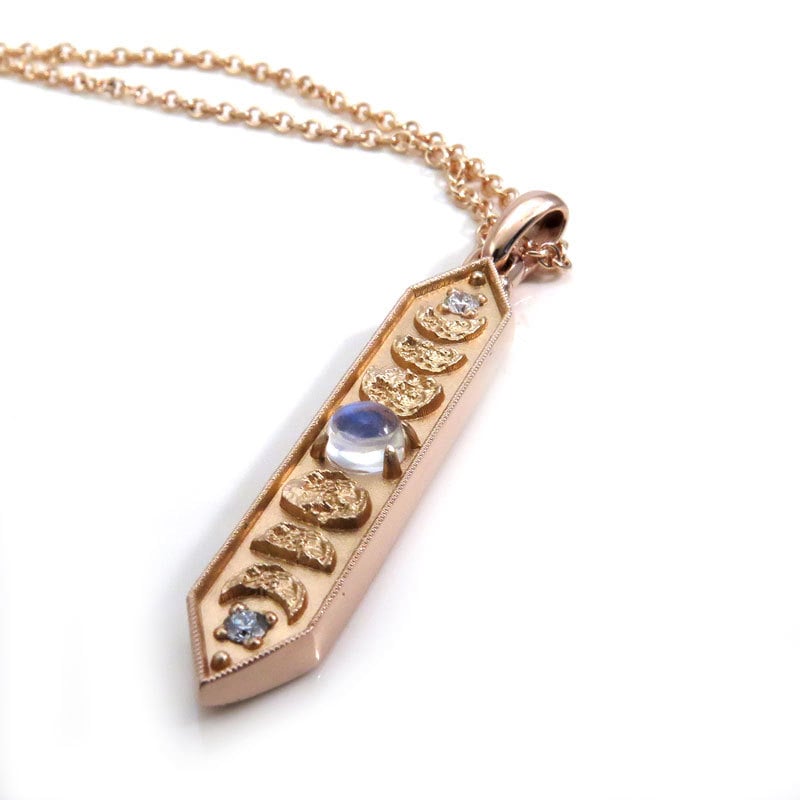 14k Rose Gold and Moonstone Moon Phase Bar Pendant with Diamonds - Celestial Necklace