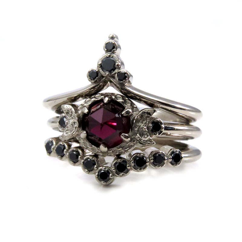 Temple of the Harvest Moon - Rose Cut Garnet and Black Diamond Gothic Moon Phase Engagement Ring Set