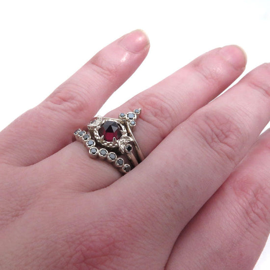 Temple of the Harvest Moon - Rose Cut Garnet and Black Diamond Gothic Moon Phase Engagement Ring Set