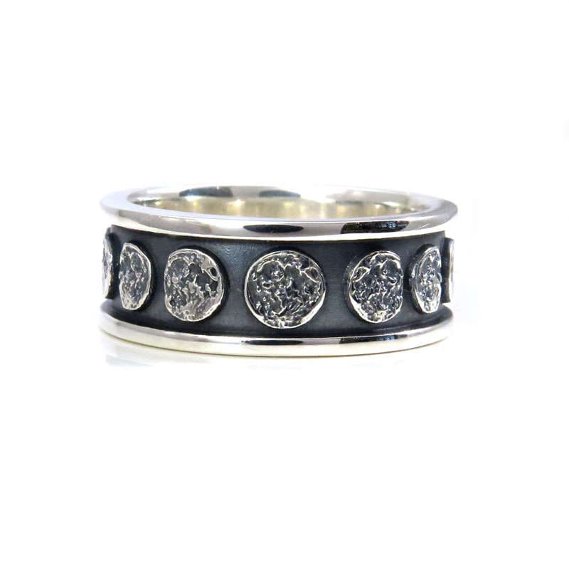 Moon Phase Sterling Silver Band - Lunar Mens Engagement Ring