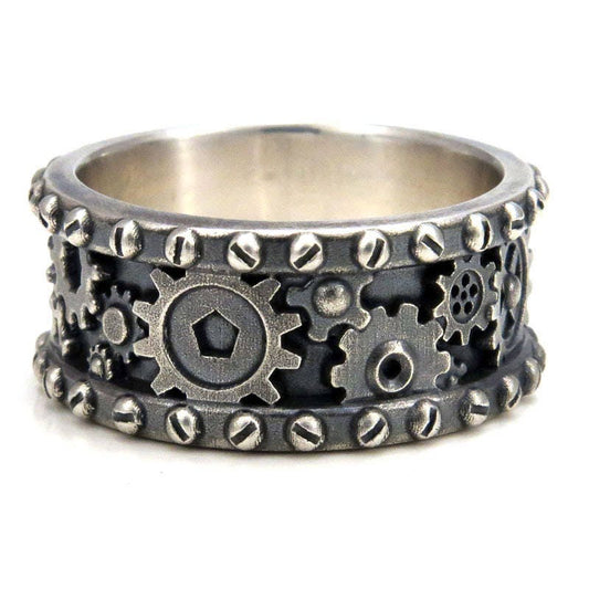 Distressed Silver Gear Ring - Steampunk Industrial Cogs and Rivets Mens Sterling Wedding Band