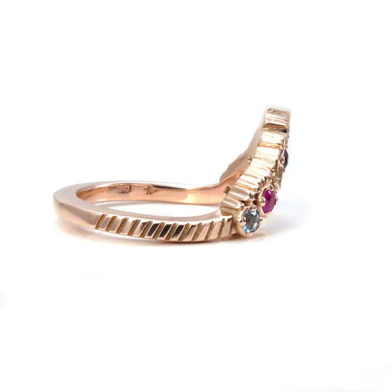 Load image into Gallery viewer, Nebula Stardust Chevron Wedding Band with Amethyst, Pink Sapphire, Swiss Blue Topaz and Diamonds
