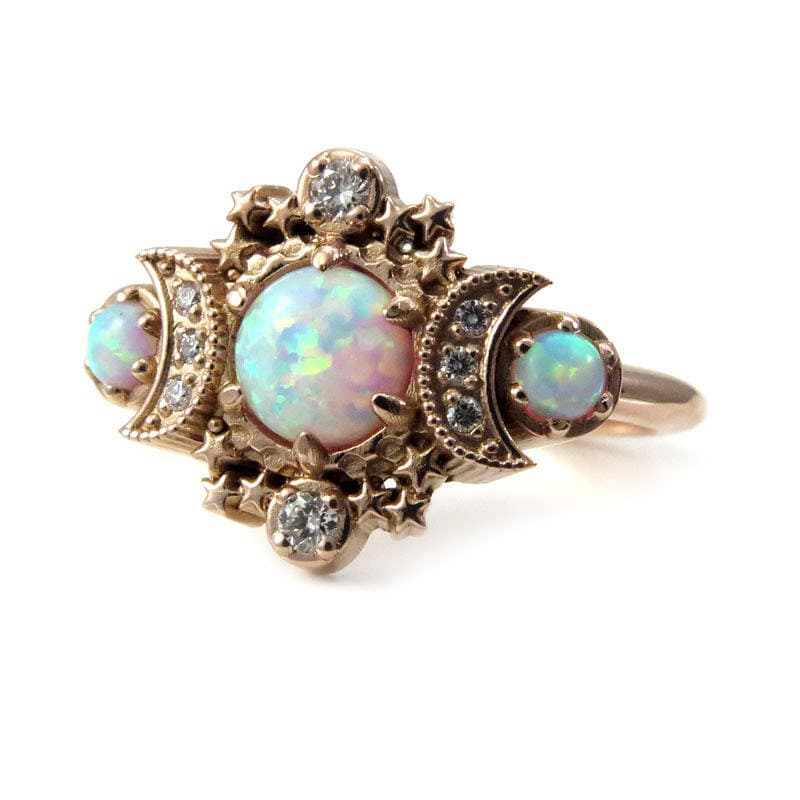 Chatham Opal Cosmos Moon Witchy Engagement Ring - Palladium White Gold Celestial 3 Stone Diamond Stardust Ring -Unique Fine Jewelry