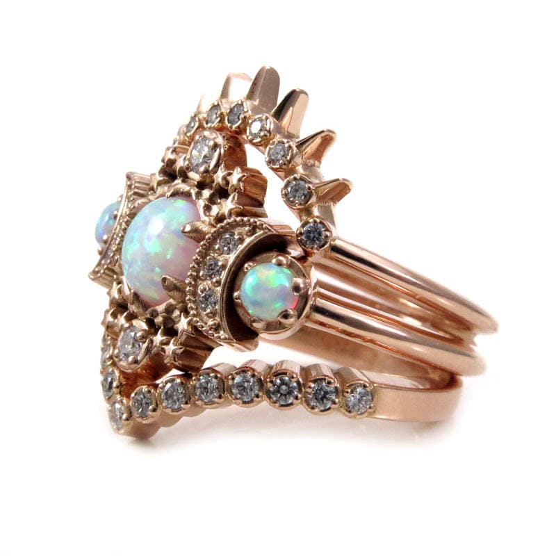 Opal Moon Celestial Engagement 3 Ring Set with Crescent Moons, Stars and Diamonds - Boho Pagan Wedding Set - 14k Yellow Gold