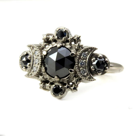 Black and White Diamond Cosmos Moon Engagement Ring - Gothic Boho Engagement Ring