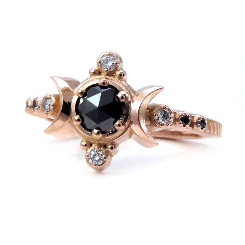 Black and White Diamond Compass Moon Engagement Ring - Rose Gold