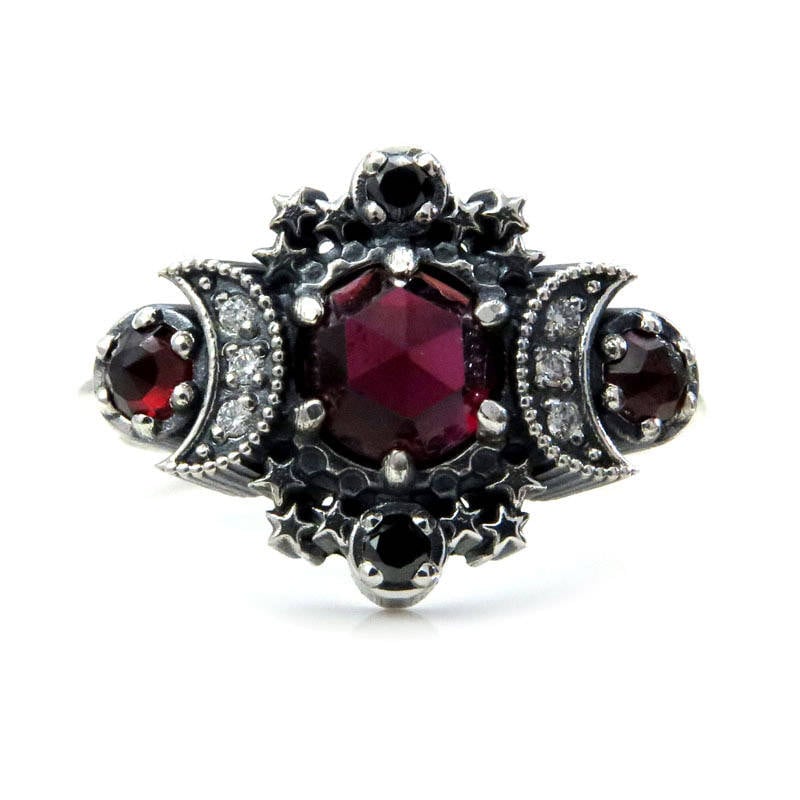 Load image into Gallery viewer, Rose Cut Garnet Cosmos Moon and Star Ring - Sterling Silver with Black &amp;amp; White Diamonds
