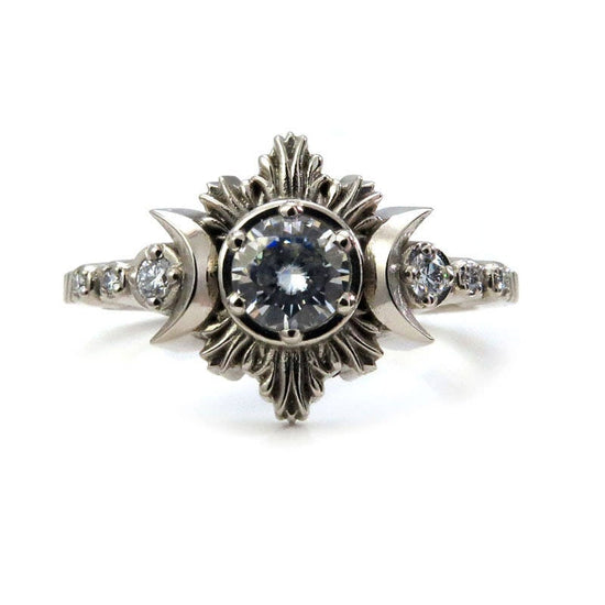Celestial Engagement Ring Set Moon Fire with Moissanite & Diamond and Stardust Chevron Wedding Band Modern Ethereal Jewelry
