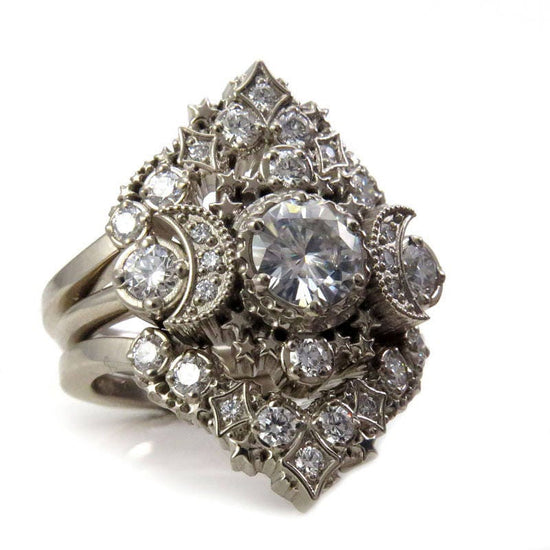Cosmos Engagement Ring Set - Moissanite or Diamonds Custom Wedding Set - 14k Gold Witchy Engagement