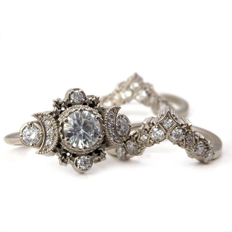 Cosmos Engagement Ring Set - Moissanite or Diamonds Custom Wedding Set - 14k Gold Witchy Engagement