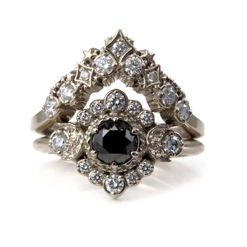 Load image into Gallery viewer, Black and White Diamond Engagement Ring Set -Diamond Stardust Chevron Stacking Wedding Band - Celestial Wedding Set
