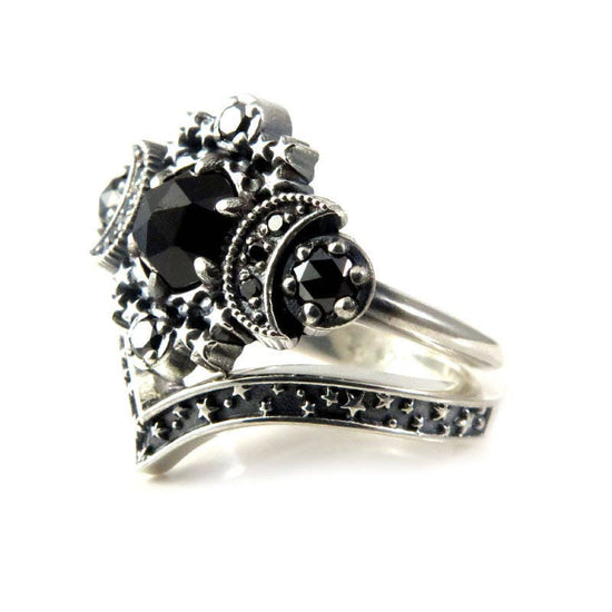 Gothic Cosmos Moon Engagement Ring Set Silver Moon and Stardust Chevron Wedding Band
