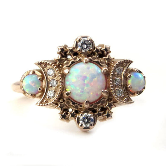 Load image into Gallery viewer, Lab Opal Cosmos Moon Engagement Ring - Rose Gold Celestial 3 Stone Diamond Ring
