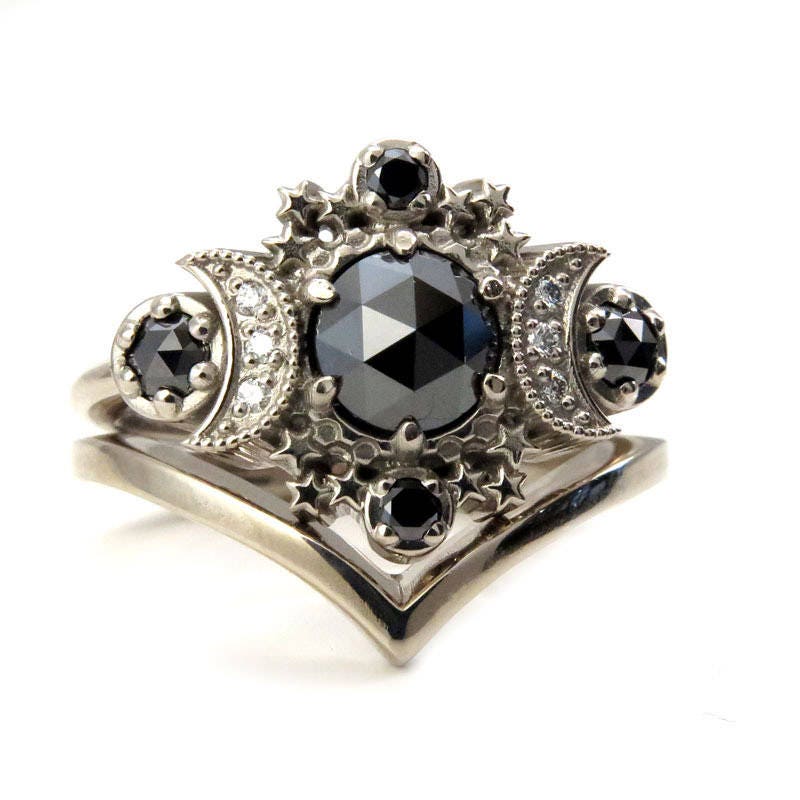 Black Diamond Moon Engagement Ring with Gold Chevron Wedding Band - Cosmos Moon Set by Swankmetalsmithing