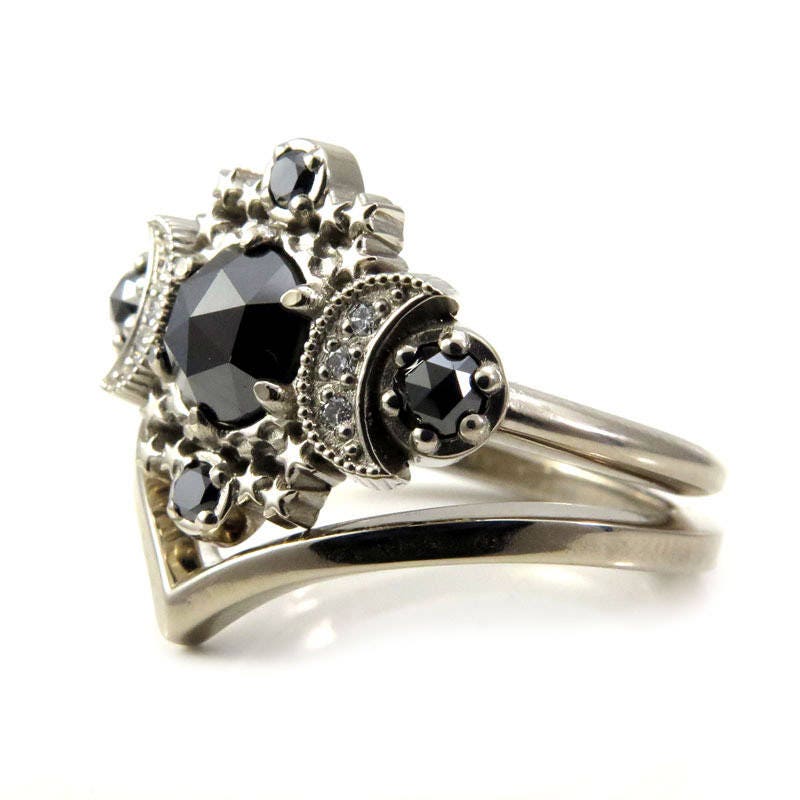 Black Diamond Moon Engagement Ring with Gold Chevron Wedding Band - Cosmos Moon Set by Swankmetalsmithing