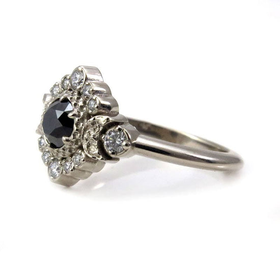 Black and White Diamond Engagement Ring - Triple Moon Goddess Boho Wedding