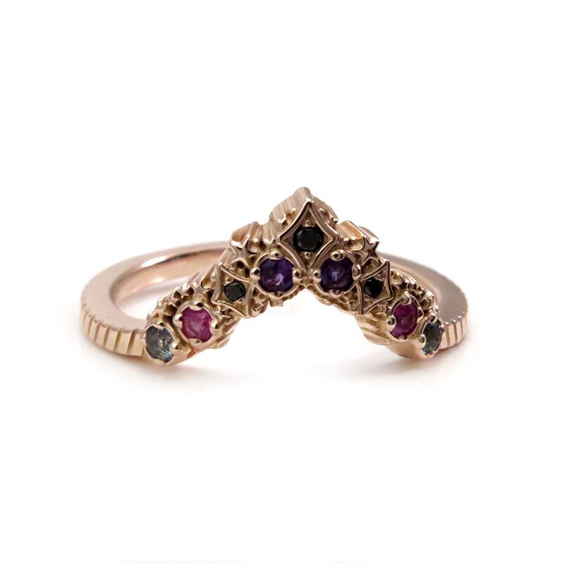 Load image into Gallery viewer, Nebula Stardust Chevron Wedding Band with Amethyst, Pink Sapphire, Swiss Blue Topaz and Diamonds
