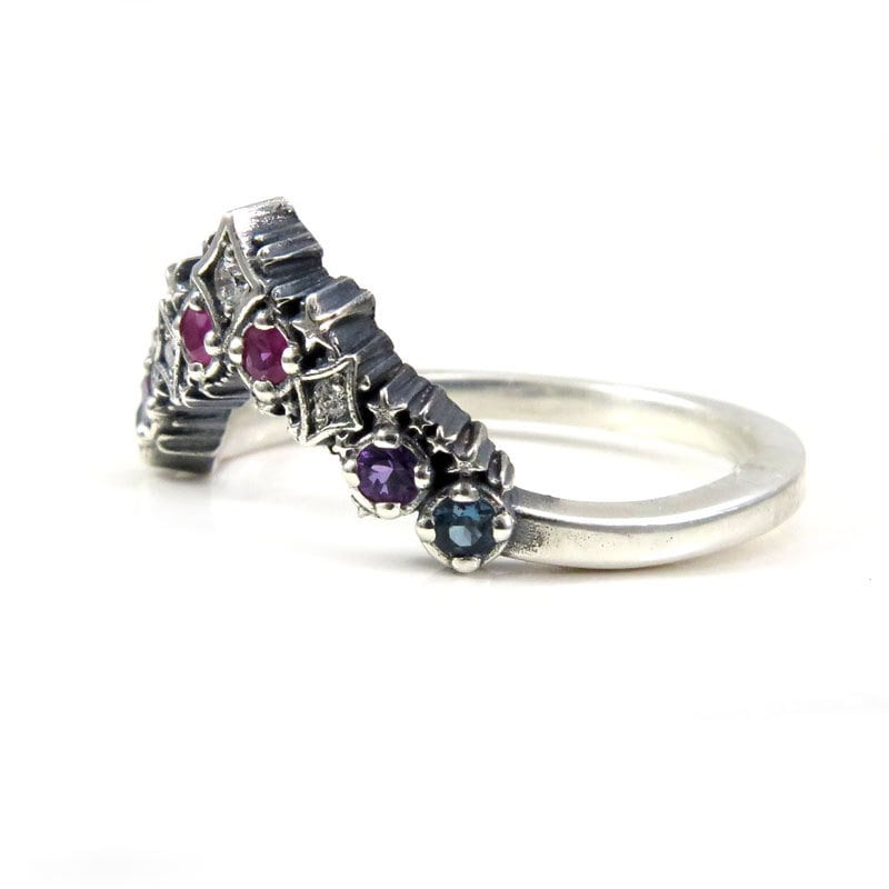 Nebula Silver Stardust Chevron Wedding Band - Boho Stacking Ring - Amethyst, Pink Sappire, Blue Topaz and Black or White Diamonds