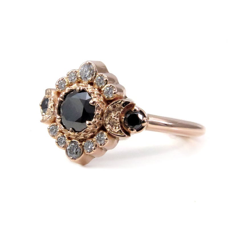 Black and White Diamond Moon Engagement Ring - Rose Gold Celestial Fine Jewelry