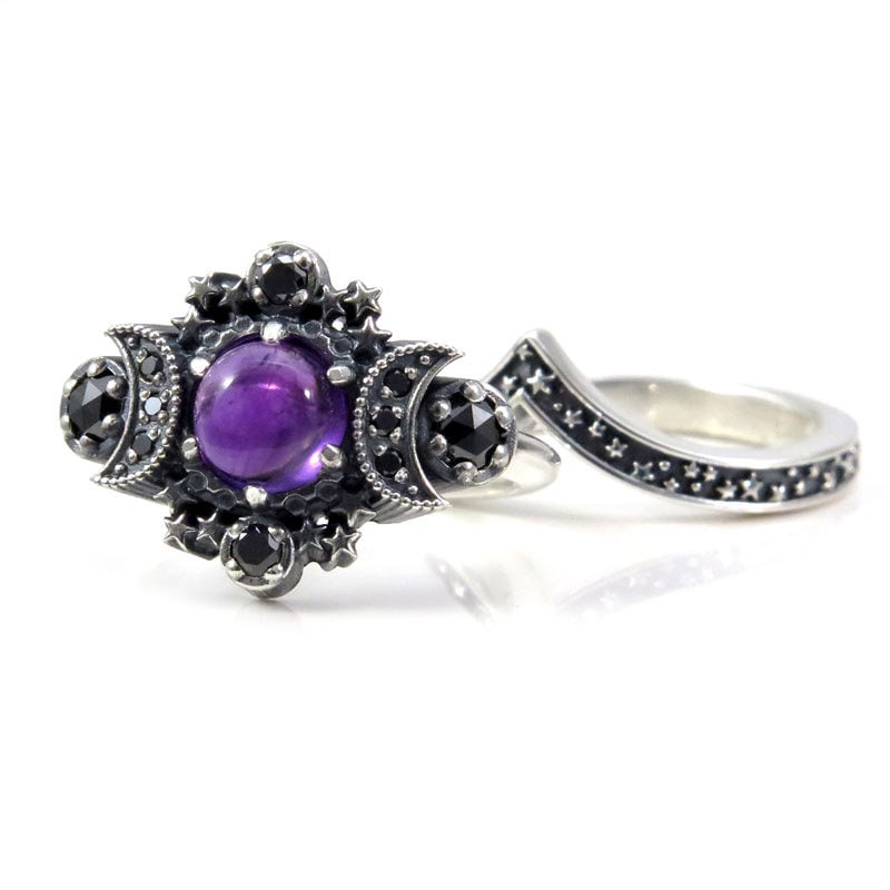 Load image into Gallery viewer, Amethyst Cosmos Moon Engagement Ring with Silver Stardust Chevron Wedding Band
