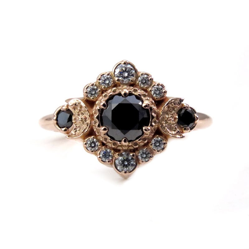Black and White Diamond Moon Engagement Ring - Rose Gold Celestial Fine Jewelry