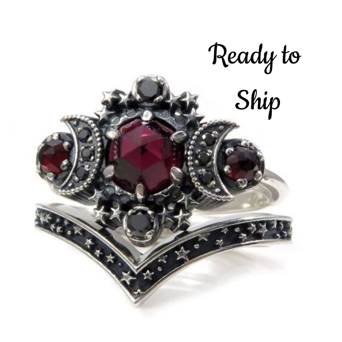 Ready to Ship Size 6 - 8  - Garnet Cosmos Moon Engagement Ring Set Triple Moon Goddess Silver Ring with  Stardust Chevron Wedding Band