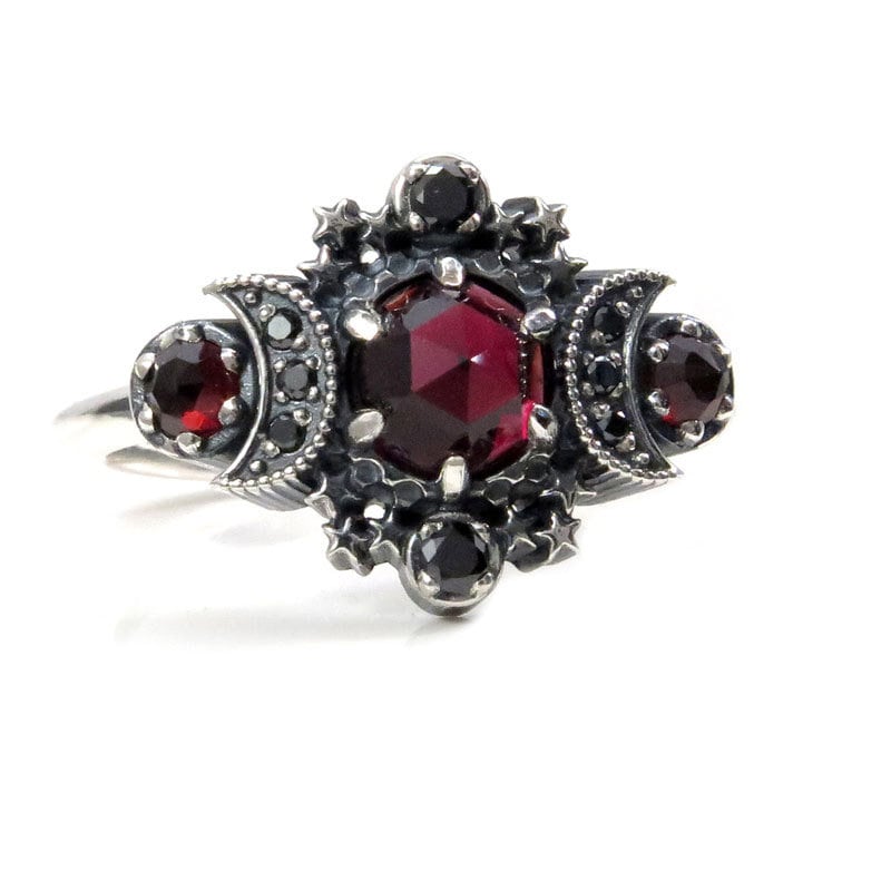 Load image into Gallery viewer, Rose Cut Garnet Cosmos Moon and Star Ring - Sterling Silver with Black &amp;amp; White Diamonds
